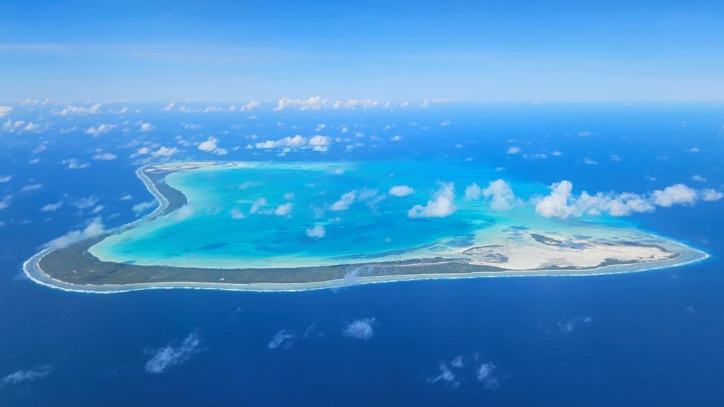 Aerial view of Tarawa Atoll, Kiribati with lagoon and islands
