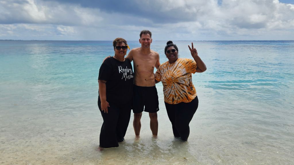 Group photo of Rok and two local ladies on Eneko Island, Marshall Islands