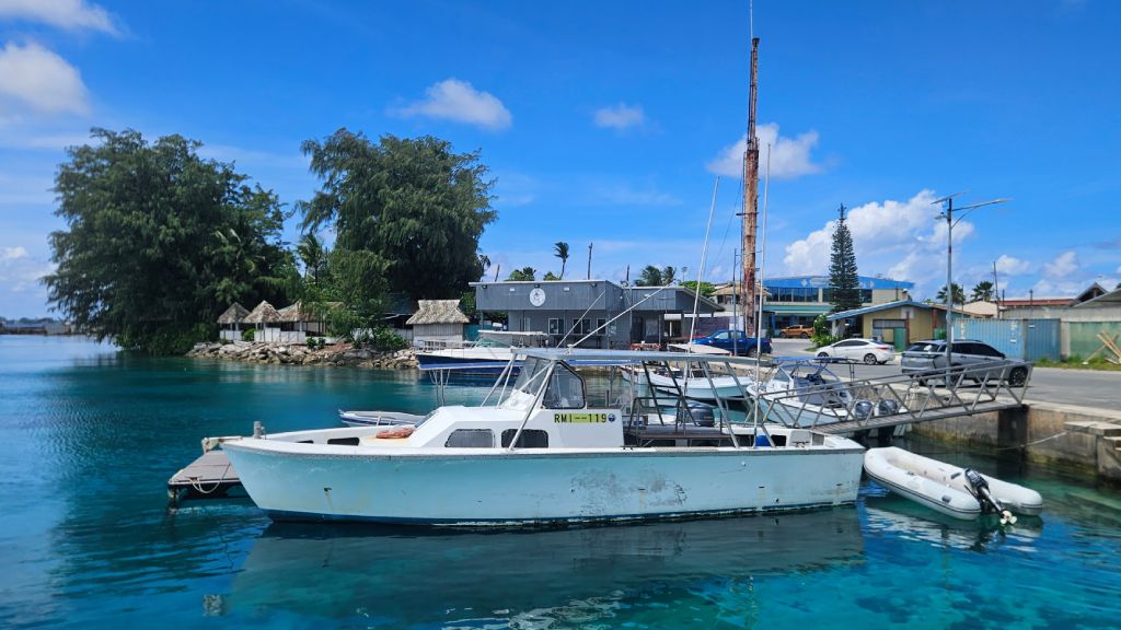 A boat docked at Majuro Marina, Marshall Islands