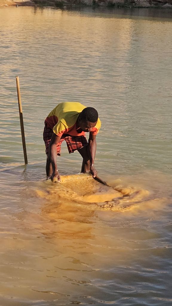 Miners washing sapphire-bearing gravel in a lake in Ilakaka, Madagascar