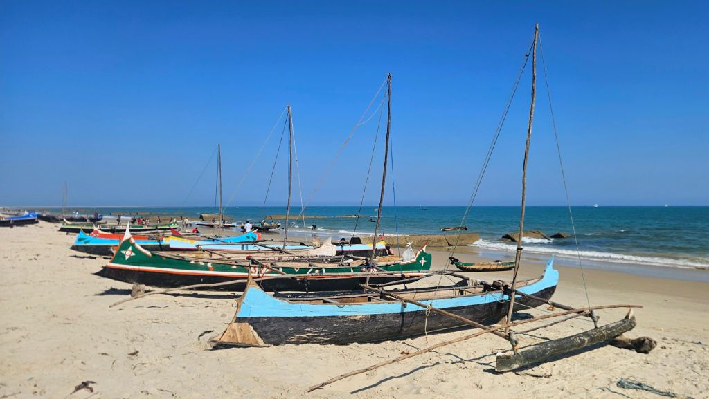 Traditional Lakana fishing boats on Morondava Beach, Madagascar